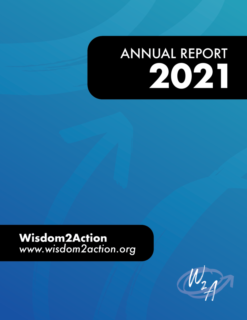 Image on blue background of the cover page of the Wisdom2Action 2021 Annual Report.